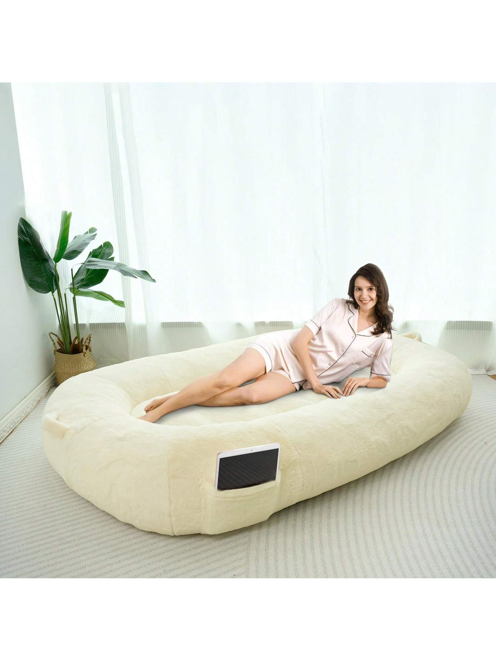 MAXYOYO Dog Bed for Human,Giant Bean Bag Sofa Bed for People Adults, Extra Large Size Dog Bed for Pets, Cozy Nap Bed with Handle, Removable Cover, Beige, 72.8"X45.3"X12"