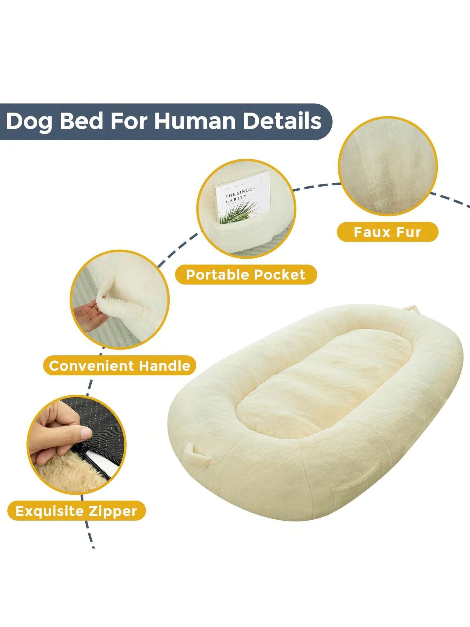 MAXYOYO Dog Bed for Human,Giant Bean Bag Sofa Bed for People Adults, Extra Large Size Dog Bed for Pets, Cozy Nap Bed with Handle, Removable Cover, Beige, 72.8"X45.3"X12"