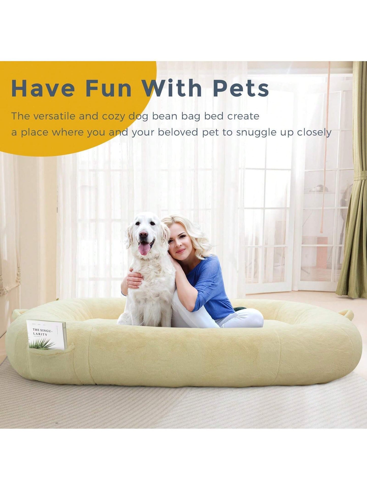 MAXYOYO Dog Bed for Human,Giant Bean Bag Sofa Bed for People Adults, Extra Large Size Dog Bed for Pets, Cozy Nap Bed with Handle, Removable Cover, Beige, 72.8"X45.3"X12"