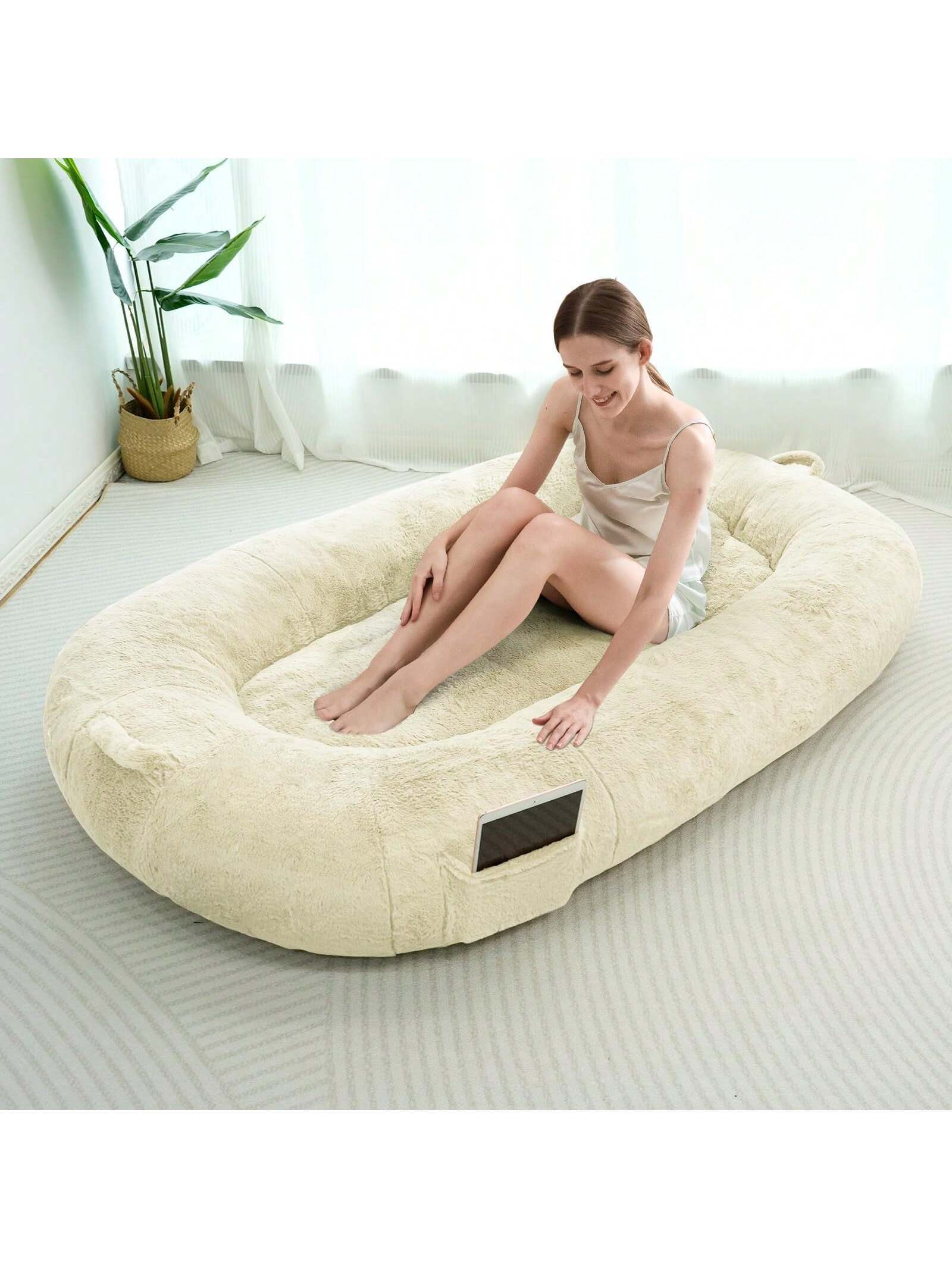 MAXYOYO Dog Bed for Human,Giant Bean Bag Sofa Bed for People Adults, Extra Large Size Dog Bed for Pets, Cozy Nap Bed with Handle, Removable Cover, Beige, 72.8"X45.3"X12"