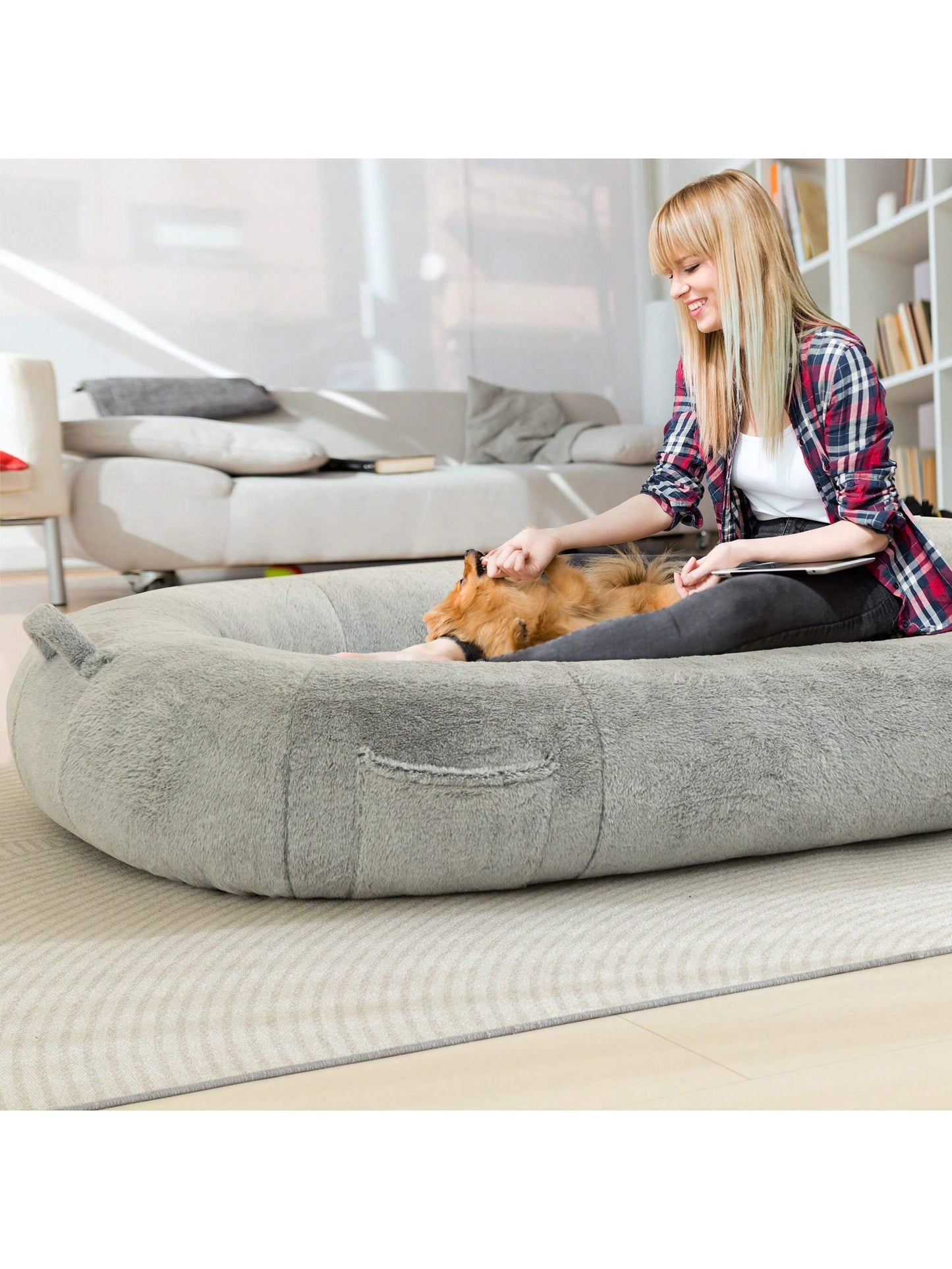 MAXYOYO Dog Bed for Human,Giant Bean Bag Sofa Bed for People Adults, Extra Large Size Dog Bed for Pets, Cozy Nap Bed with Handle, Removable Cover, Beige, 72.8"X45.3"X12"