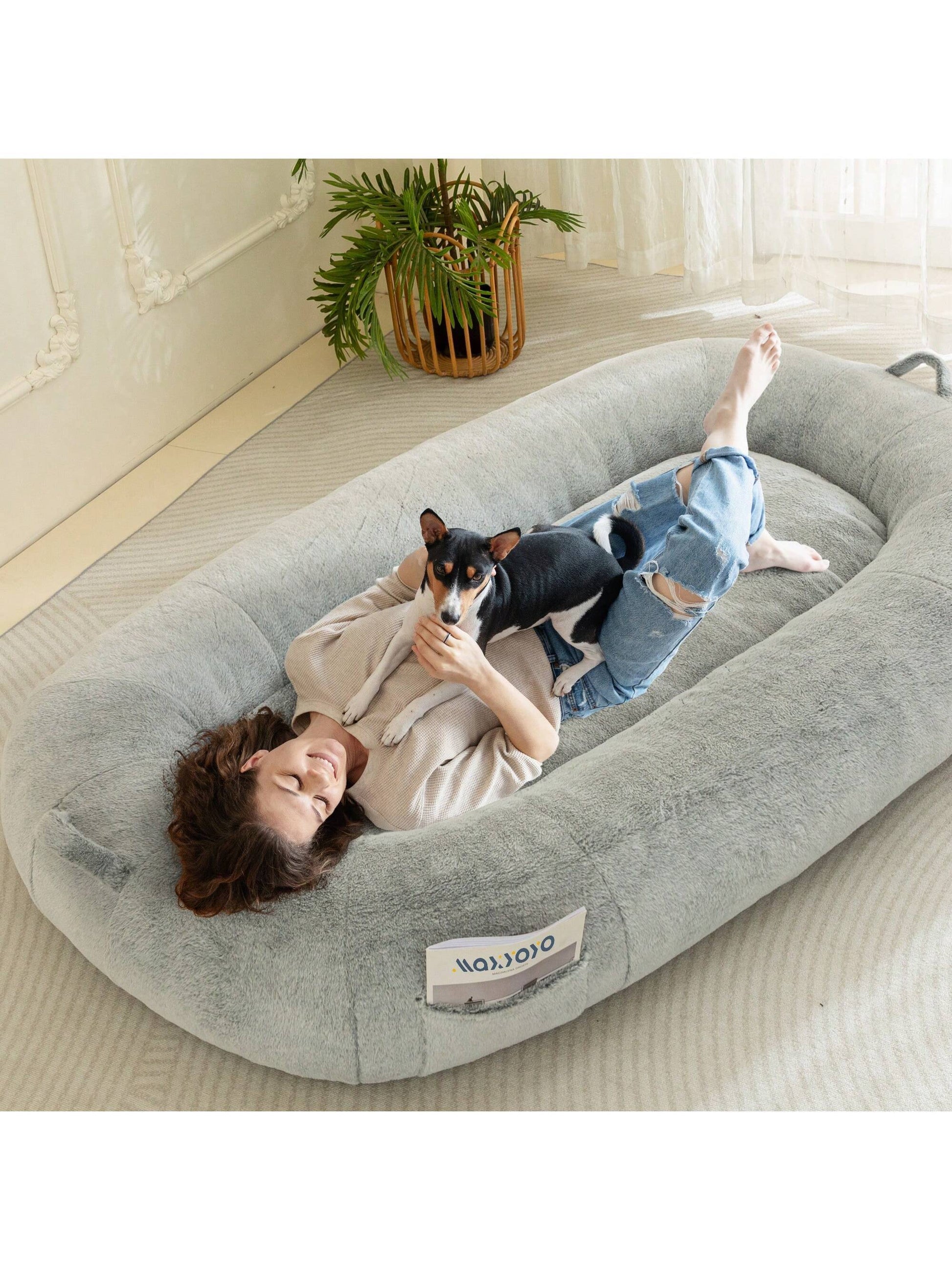 MAXYOYO Dog Bed for Human,Giant Bean Bag Sofa Bed for People Adults, Extra Large Size Dog Bed for Pets, Cozy Nap Bed with Handle, Removable Cover, Beige, 72.8"X45.3"X12"