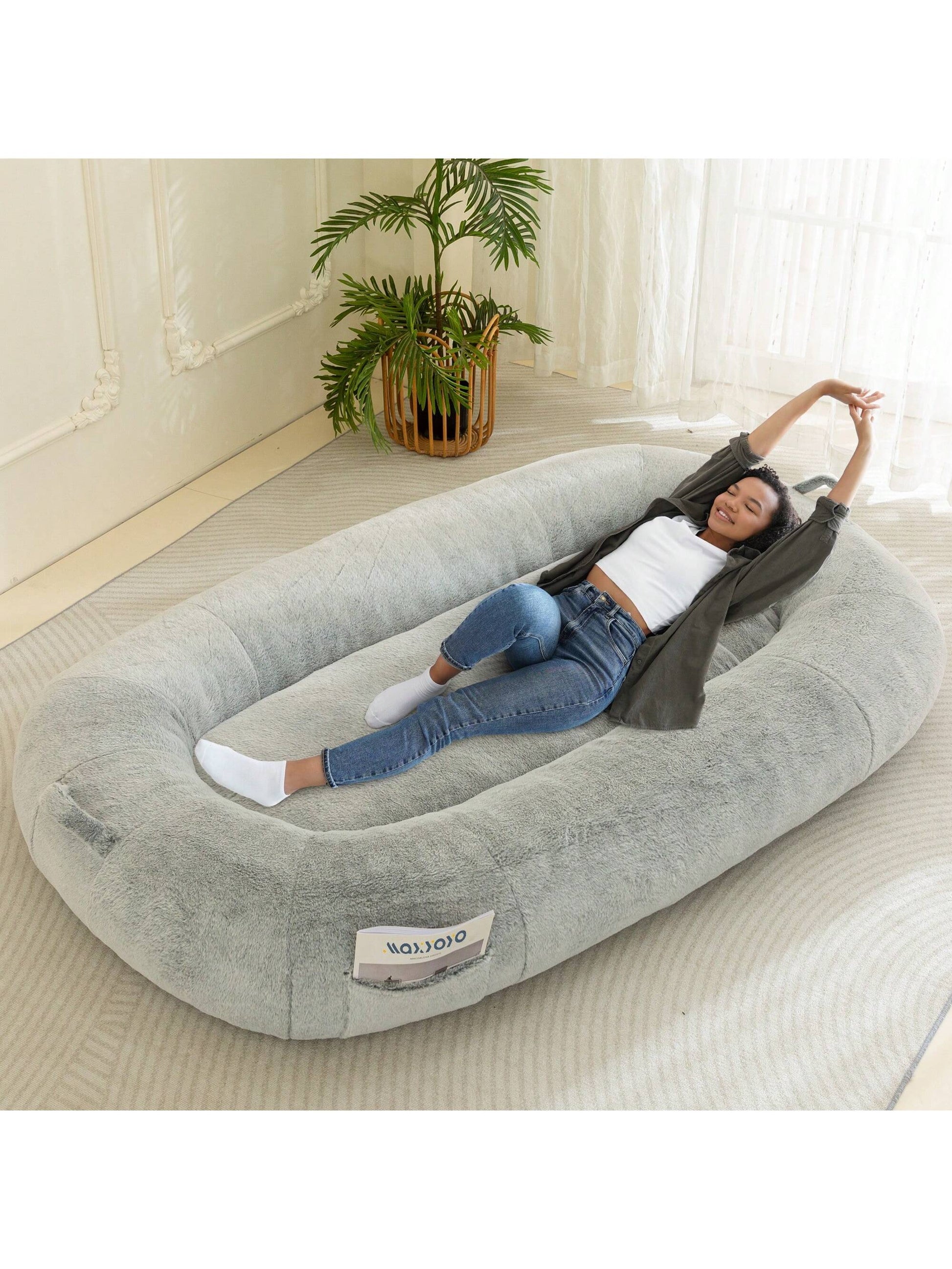 MAXYOYO Dog Bed for Human,Giant Bean Bag Sofa Bed for People Adults, Extra Large Size Dog Bed for Pets, Cozy Nap Bed with Handle, Removable Cover, Beige, 72.8"X45.3"X12"