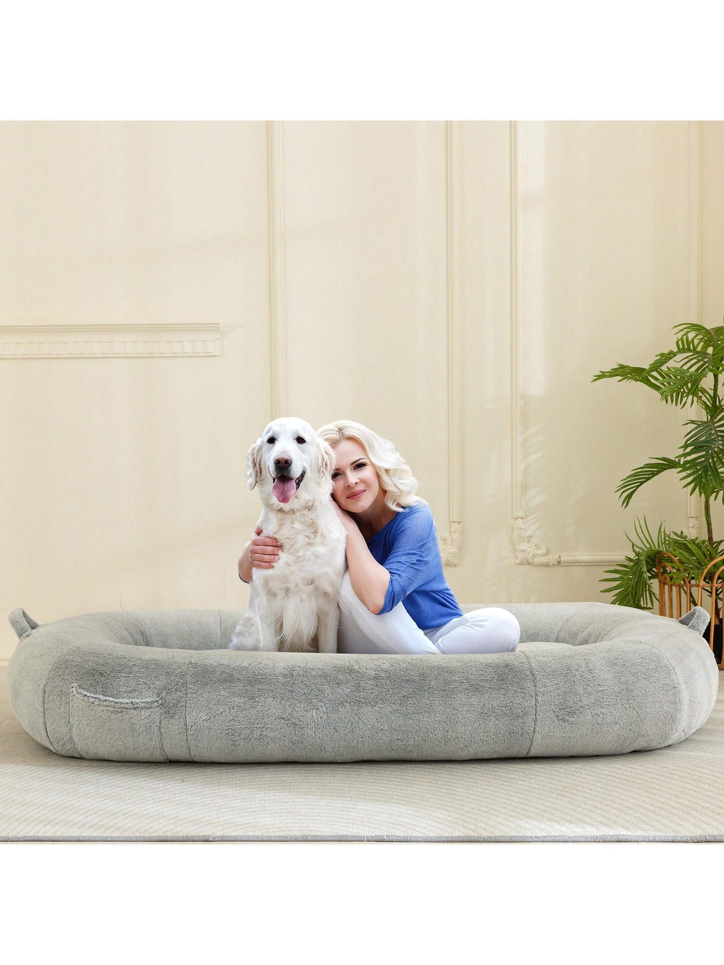 MAXYOYO Dog Bed for Human,Giant Bean Bag Sofa Bed for People Adults, Extra Large Size Dog Bed for Pets, Cozy Nap Bed with Handle, Removable Cover, Beige, 72.8"X45.3"X12"