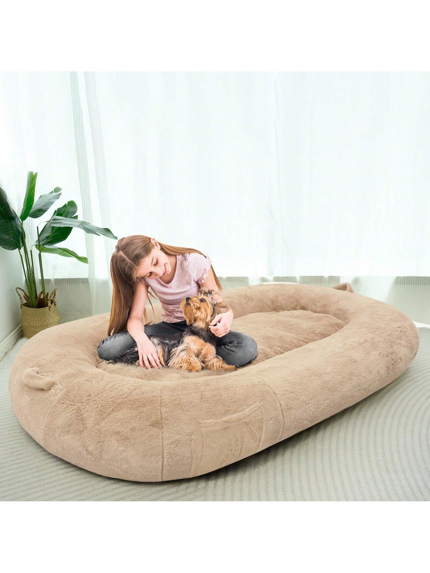 MAXYOYO Dog Bed for Human,Giant Bean Bag Sofa Bed for People Adults, Extra Large Size Dog Bed for Pets, Cozy Nap Bed with Handle, Removable Cover, Beige, 72.8"X45.3"X12"