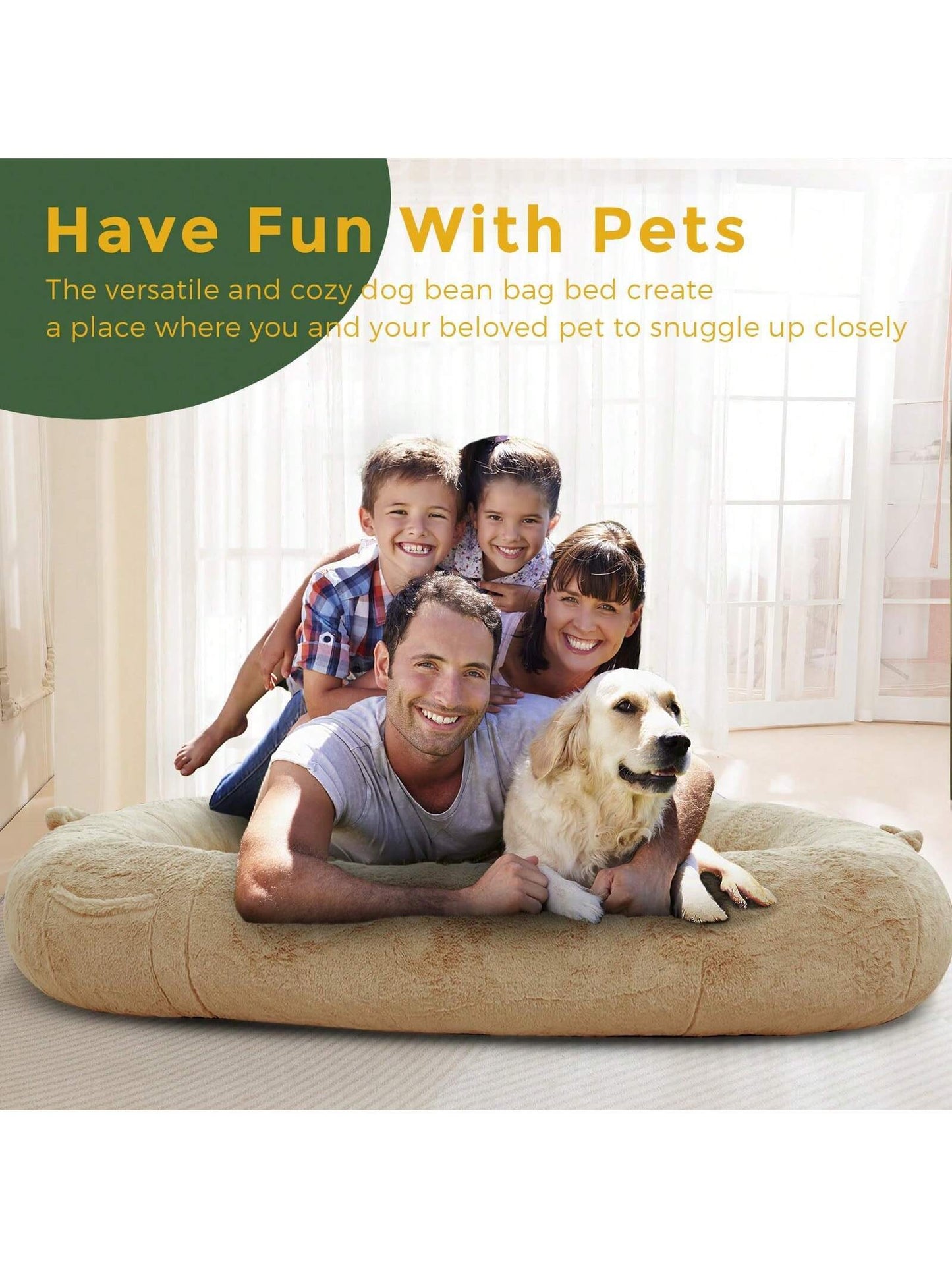 MAXYOYO Dog Bed for Human,Giant Bean Bag Sofa Bed for People Adults, Extra Large Size Dog Bed for Pets, Cozy Nap Bed with Handle, Removable Cover, Beige, 72.8"X45.3"X12"