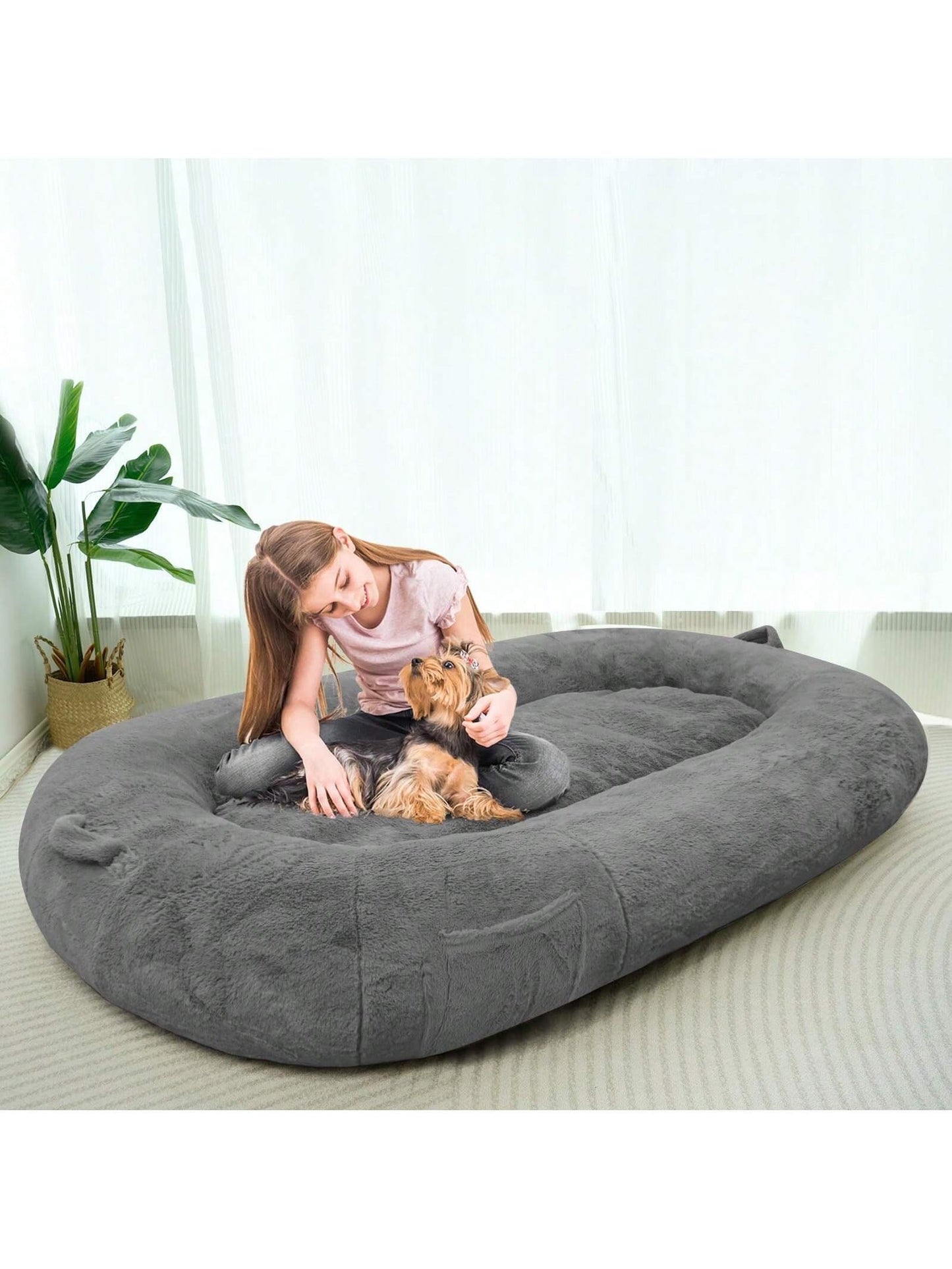 MAXYOYO Dog Bed for Human,Giant Bean Bag Sofa Bed for People Adults, Extra Large Size Dog Bed for Pets, Cozy Nap Bed with Handle, Removable Cover, Beige, 72.8"X45.3"X12"