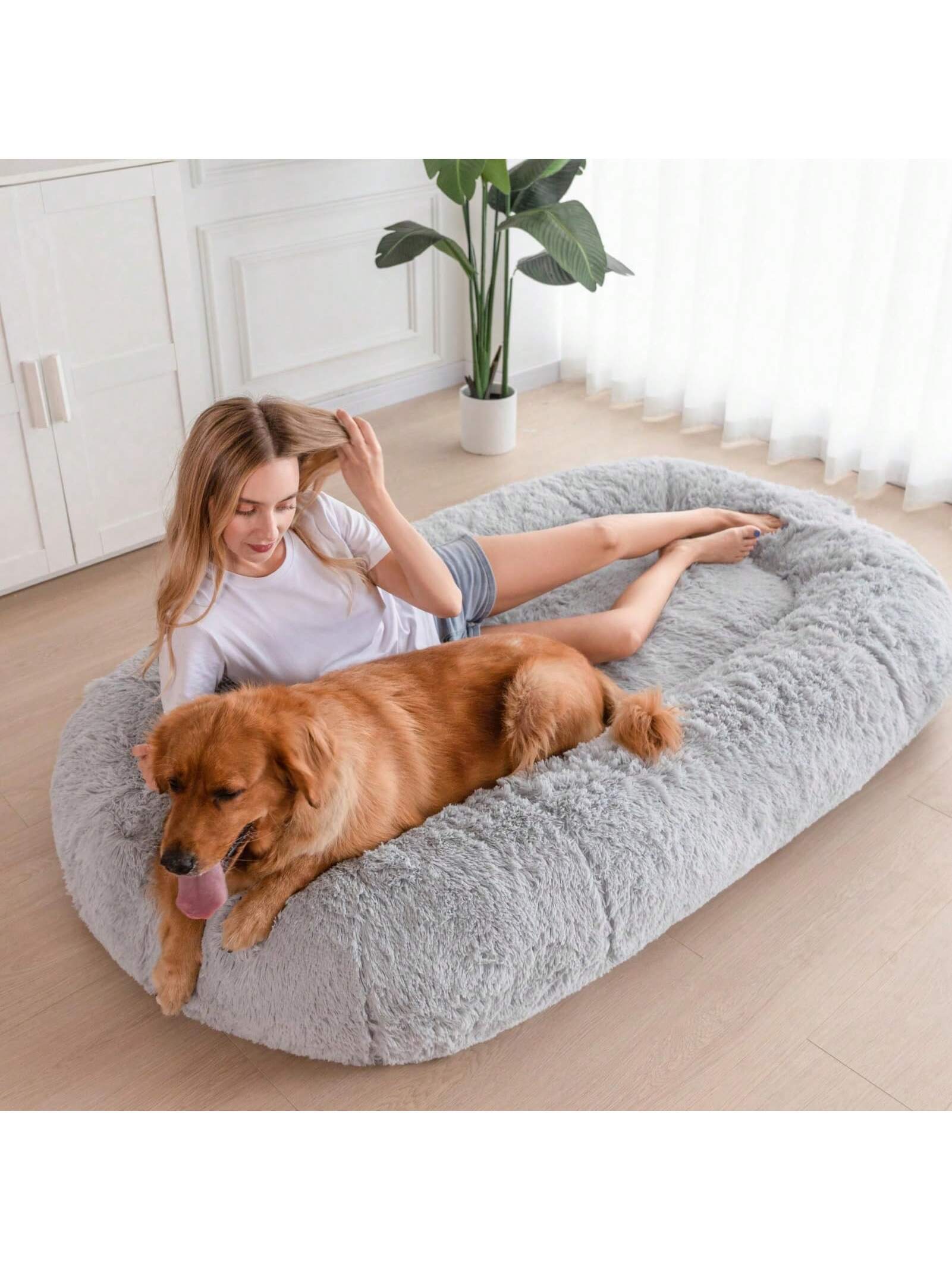 MAXYOYO Dog Bed for Human,Giant Bean Bag Sofa Bed for People Adults, Extra Large Size Dog Bed for Pets, Cozy Nap Bed with Handle, Removable Cover, Beige, 72.8"X45.3"X12"