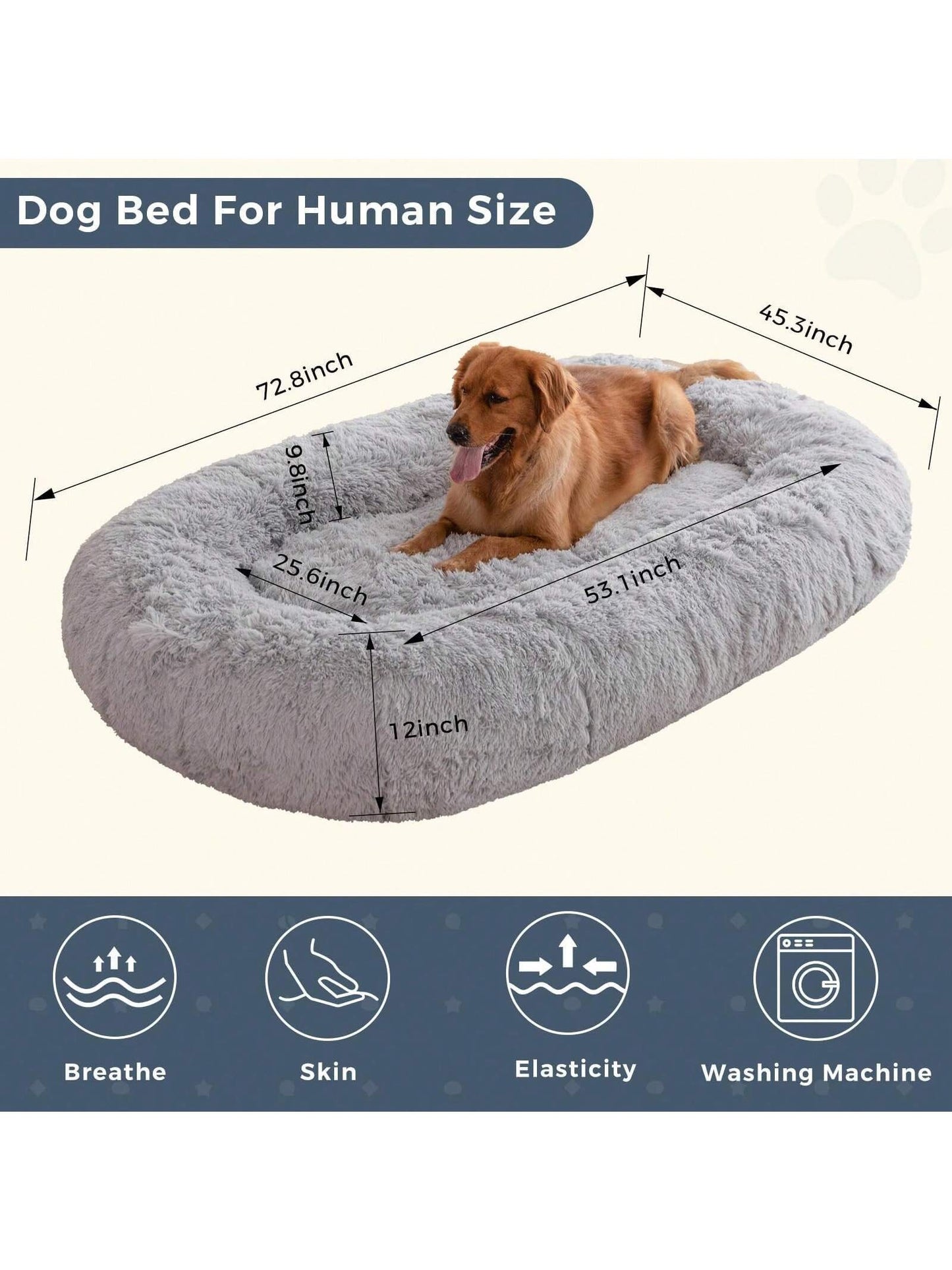 MAXYOYO Dog Bed for Human,Giant Bean Bag Sofa Bed for People Adults, Extra Large Size Dog Bed for Pets, Cozy Nap Bed with Handle, Removable Cover, Beige, 72.8"X45.3"X12"