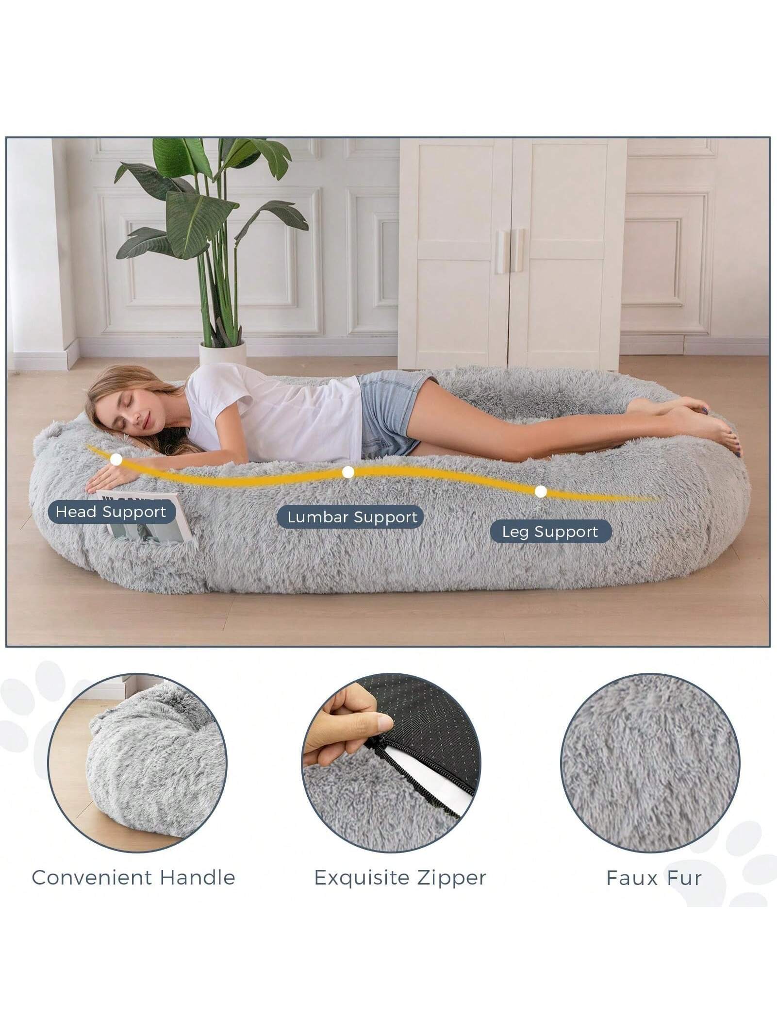 MAXYOYO Dog Bed for Human,Giant Bean Bag Sofa Bed for People Adults, Extra Large Size Dog Bed for Pets, Cozy Nap Bed with Handle, Removable Cover, Beige, 72.8"X45.3"X12"