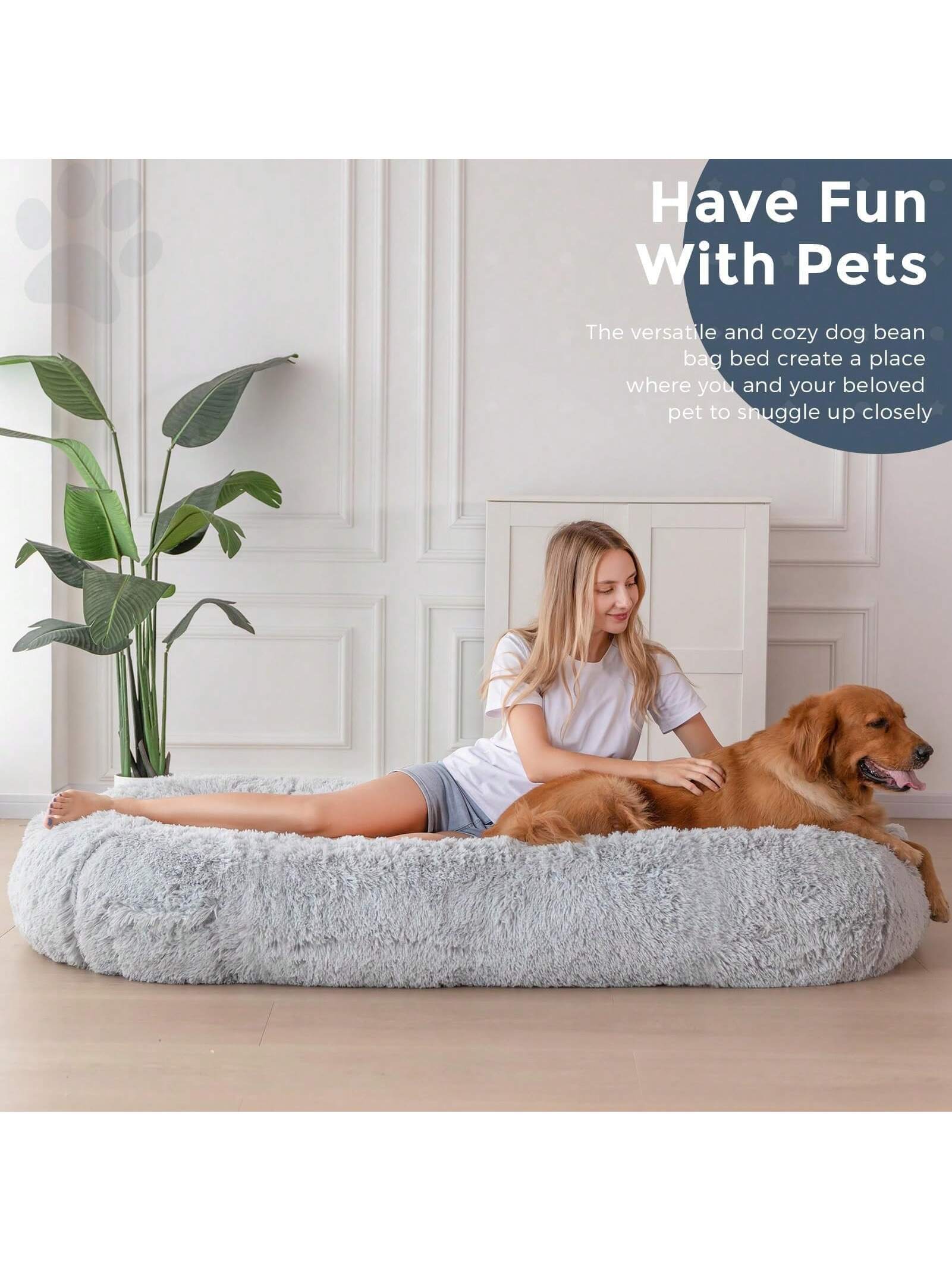 MAXYOYO Dog Bed for Human,Giant Bean Bag Sofa Bed for People Adults, Extra Large Size Dog Bed for Pets, Cozy Nap Bed with Handle, Removable Cover, Beige, 72.8"X45.3"X12"