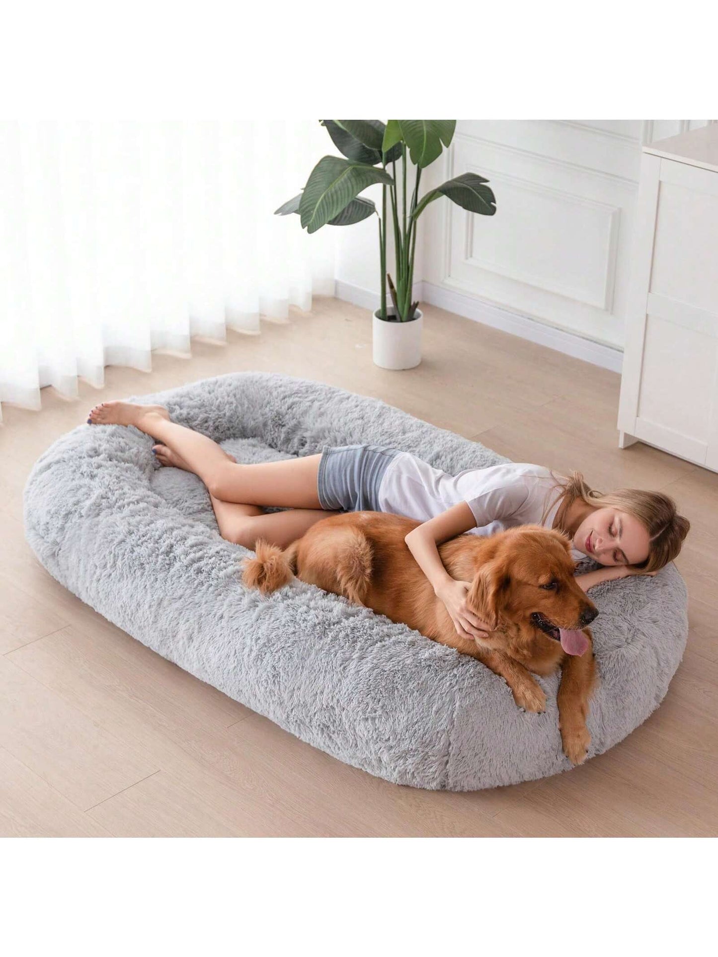 MAXYOYO Dog Bed for Human,Giant Bean Bag Sofa Bed for People Adults, Extra Large Size Dog Bed for Pets, Cozy Nap Bed with Handle, Removable Cover, Beige, 72.8"X45.3"X12"