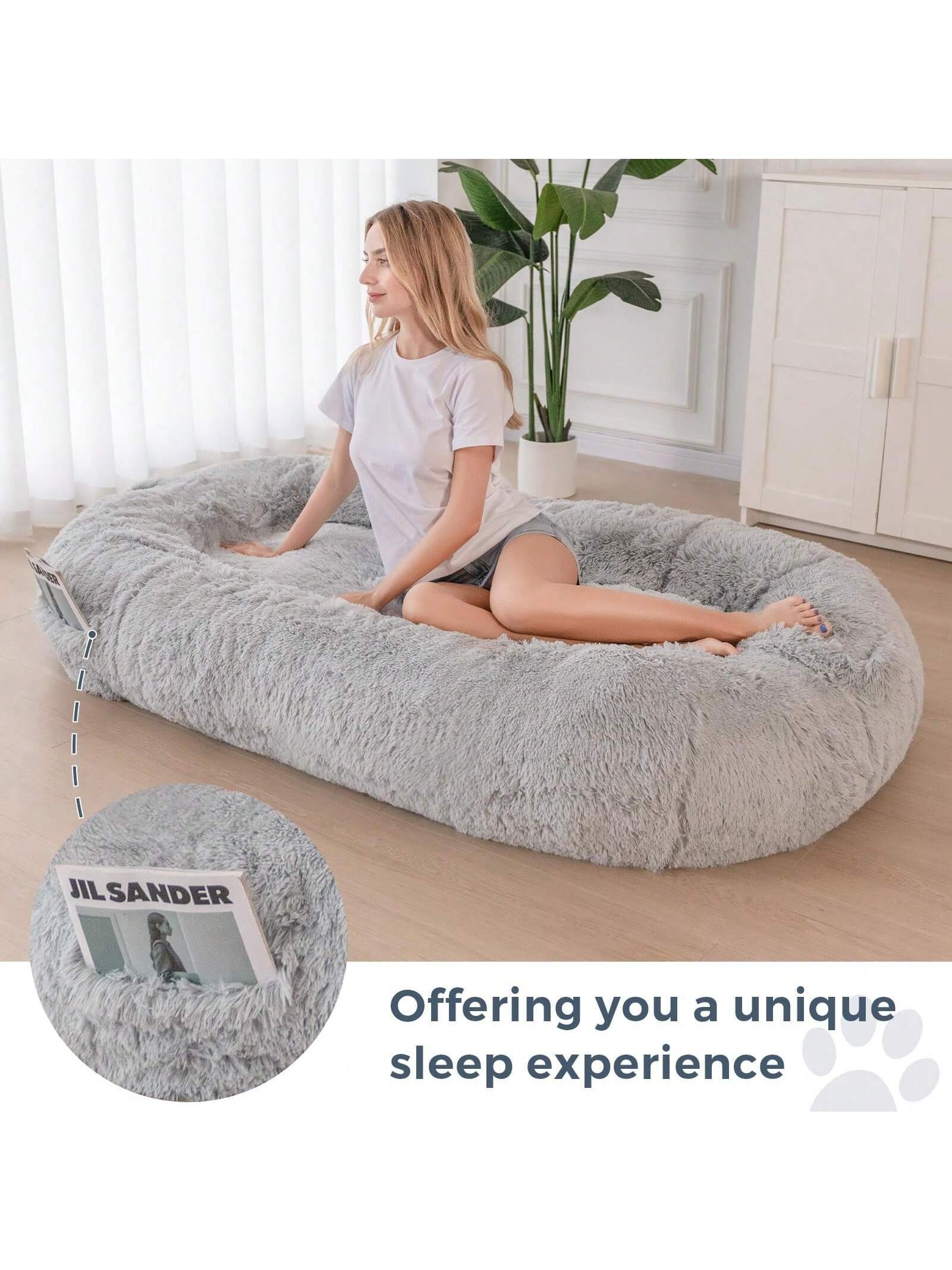 MAXYOYO Dog Bed for Human,Giant Bean Bag Sofa Bed for People Adults, Extra Large Size Dog Bed for Pets, Cozy Nap Bed with Handle, Removable Cover, Beige, 72.8"X45.3"X12"