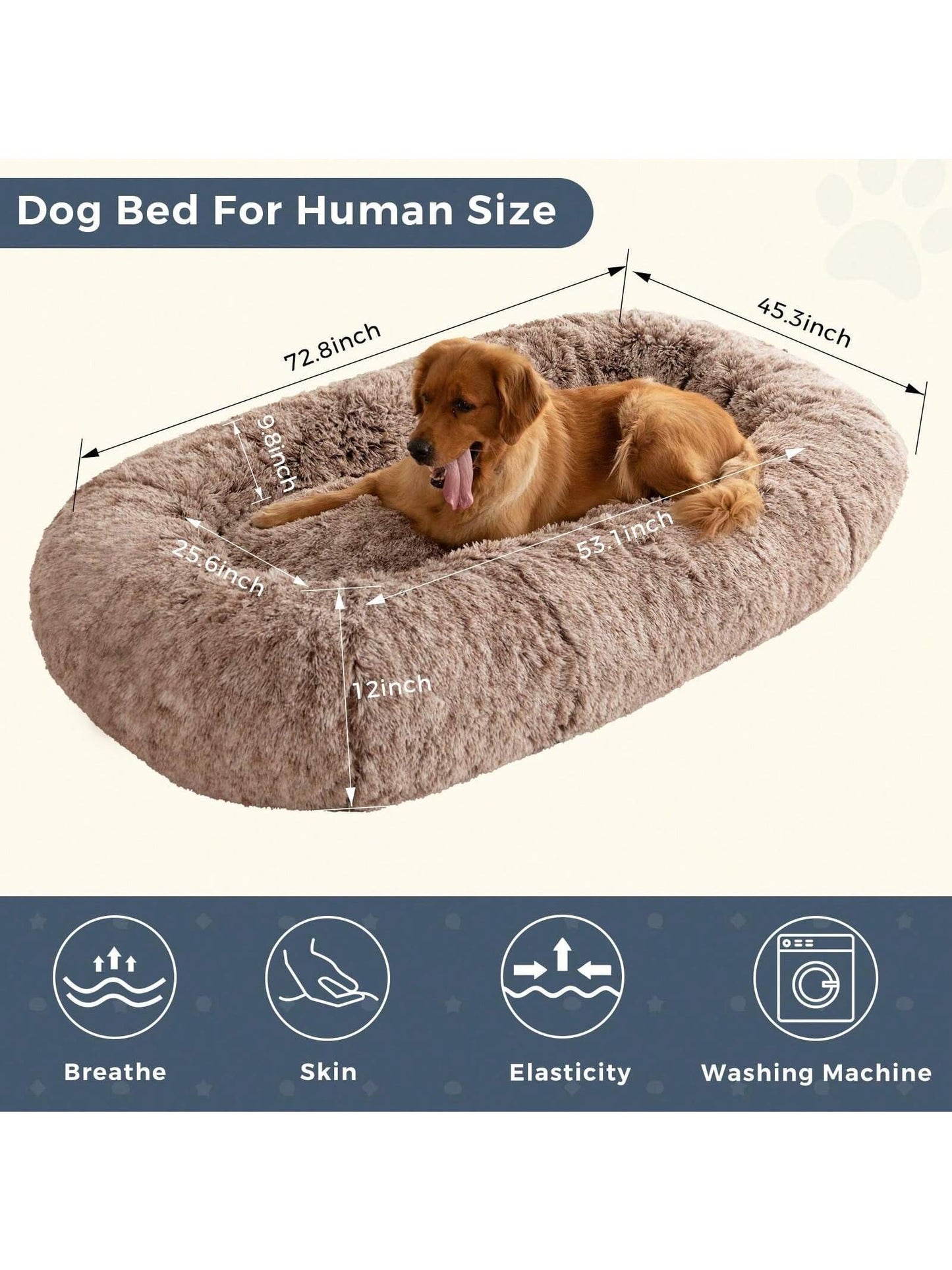 MAXYOYO Dog Bed for Human,Giant Bean Bag Sofa Bed for People Adults, Extra Large Size Dog Bed for Pets, Cozy Nap Bed with Handle, Removable Cover, Beige, 72.8"X45.3"X12"