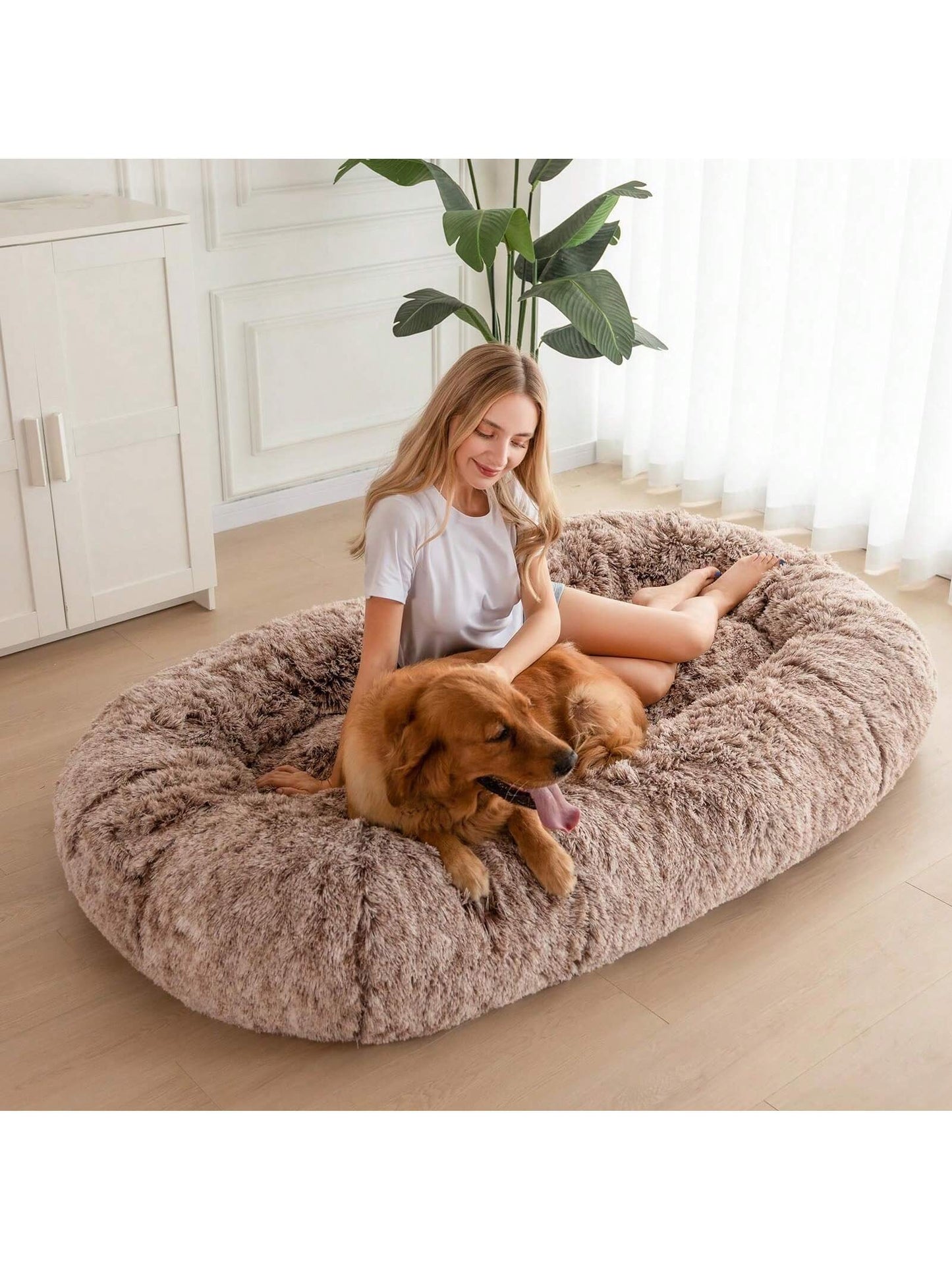 MAXYOYO Dog Bed for Human,Giant Bean Bag Sofa Bed for People Adults, Extra Large Size Dog Bed for Pets, Cozy Nap Bed with Handle, Removable Cover, Beige, 72.8"X45.3"X12"