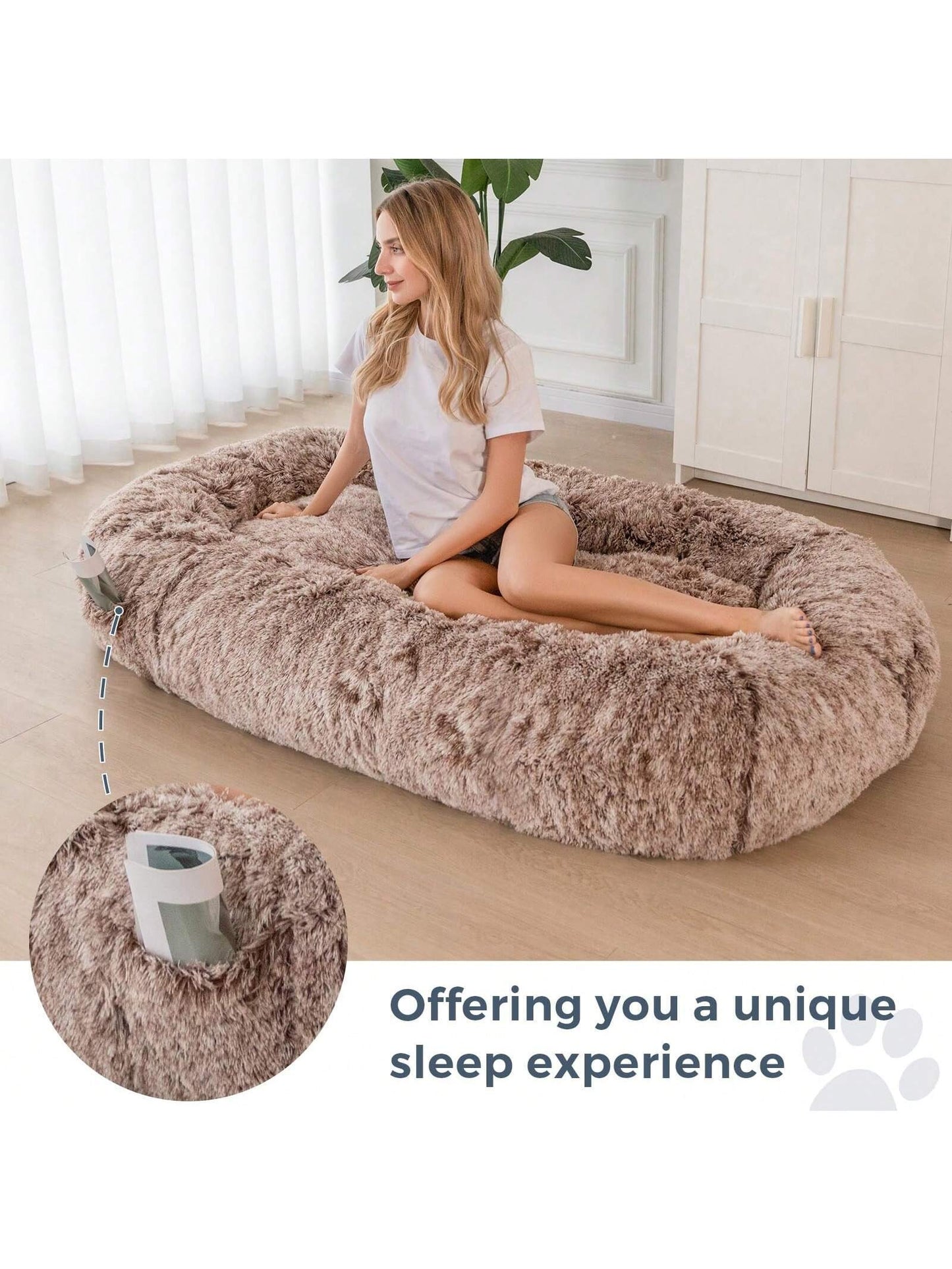 MAXYOYO Dog Bed for Human,Giant Bean Bag Sofa Bed for People Adults, Extra Large Size Dog Bed for Pets, Cozy Nap Bed with Handle, Removable Cover, Beige, 72.8"X45.3"X12"