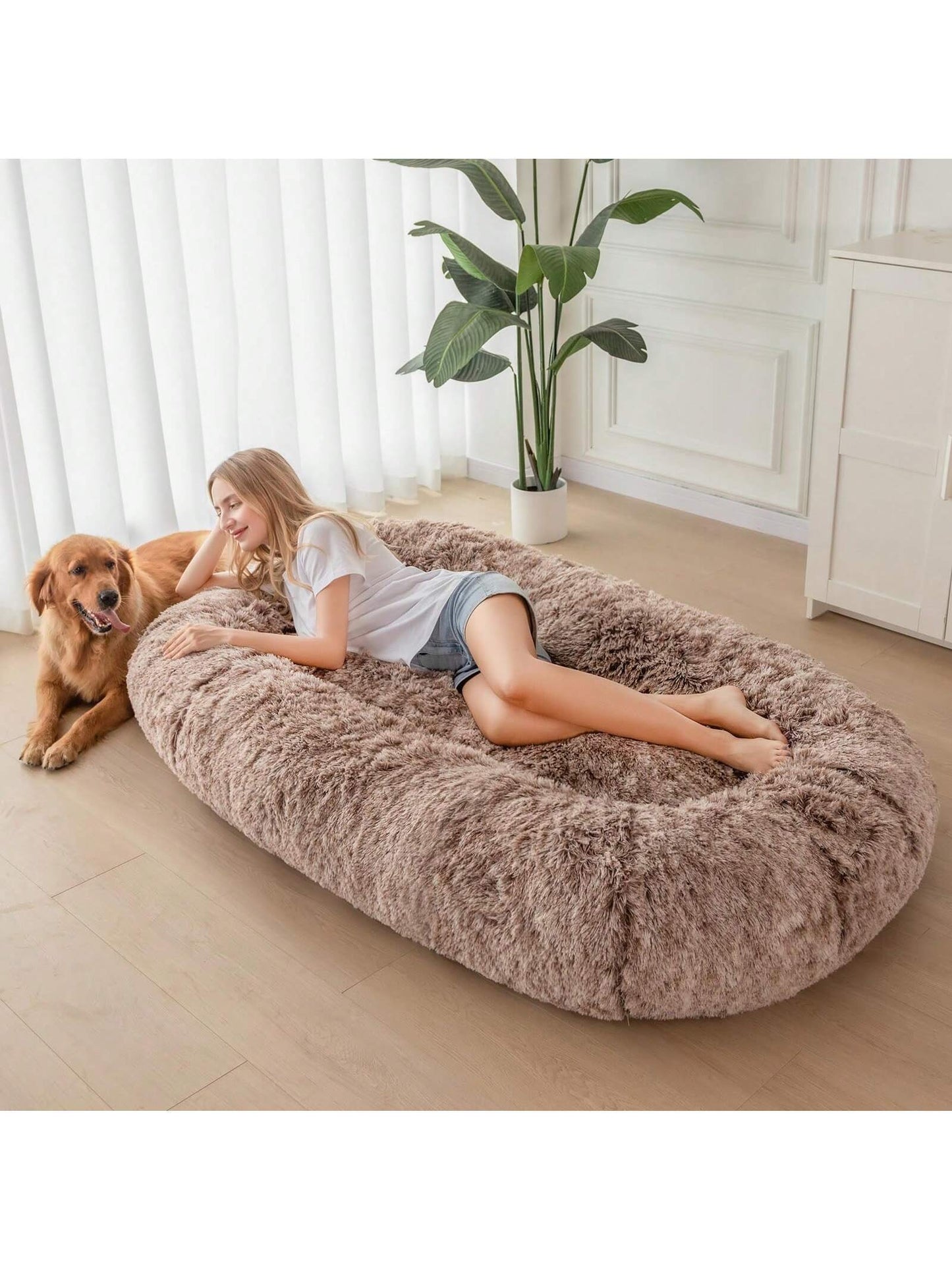 MAXYOYO Dog Bed for Human,Giant Bean Bag Sofa Bed for People Adults, Extra Large Size Dog Bed for Pets, Cozy Nap Bed with Handle, Removable Cover, Beige, 72.8"X45.3"X12"