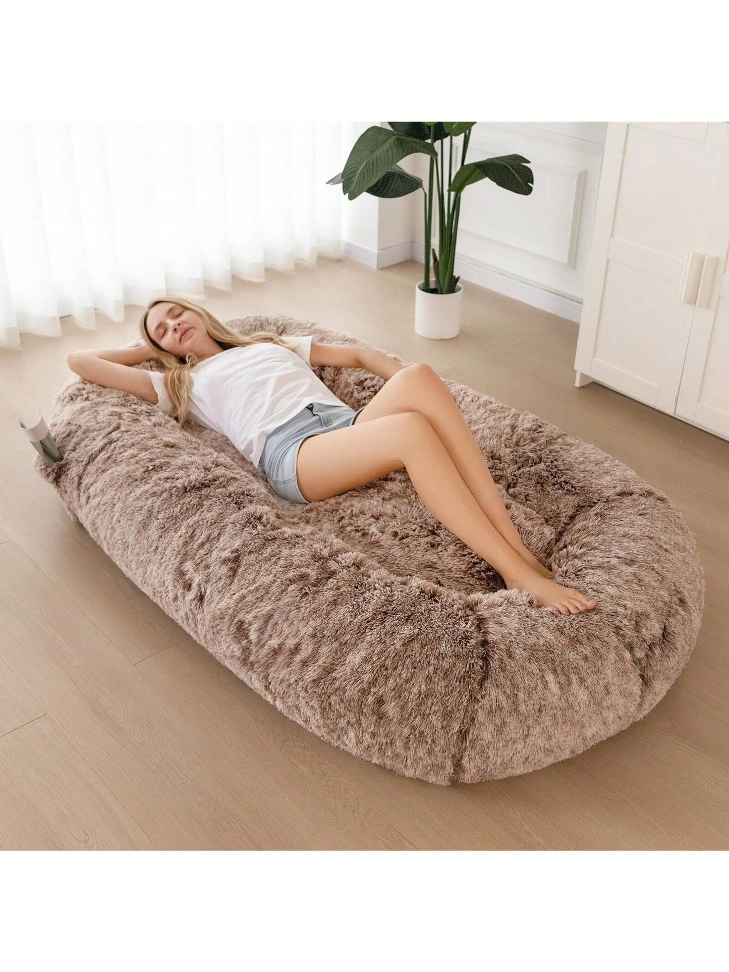 MAXYOYO Dog Bed for Human,Giant Bean Bag Sofa Bed for People Adults, Extra Large Size Dog Bed for Pets, Cozy Nap Bed with Handle, Removable Cover, Beige, 72.8"X45.3"X12"