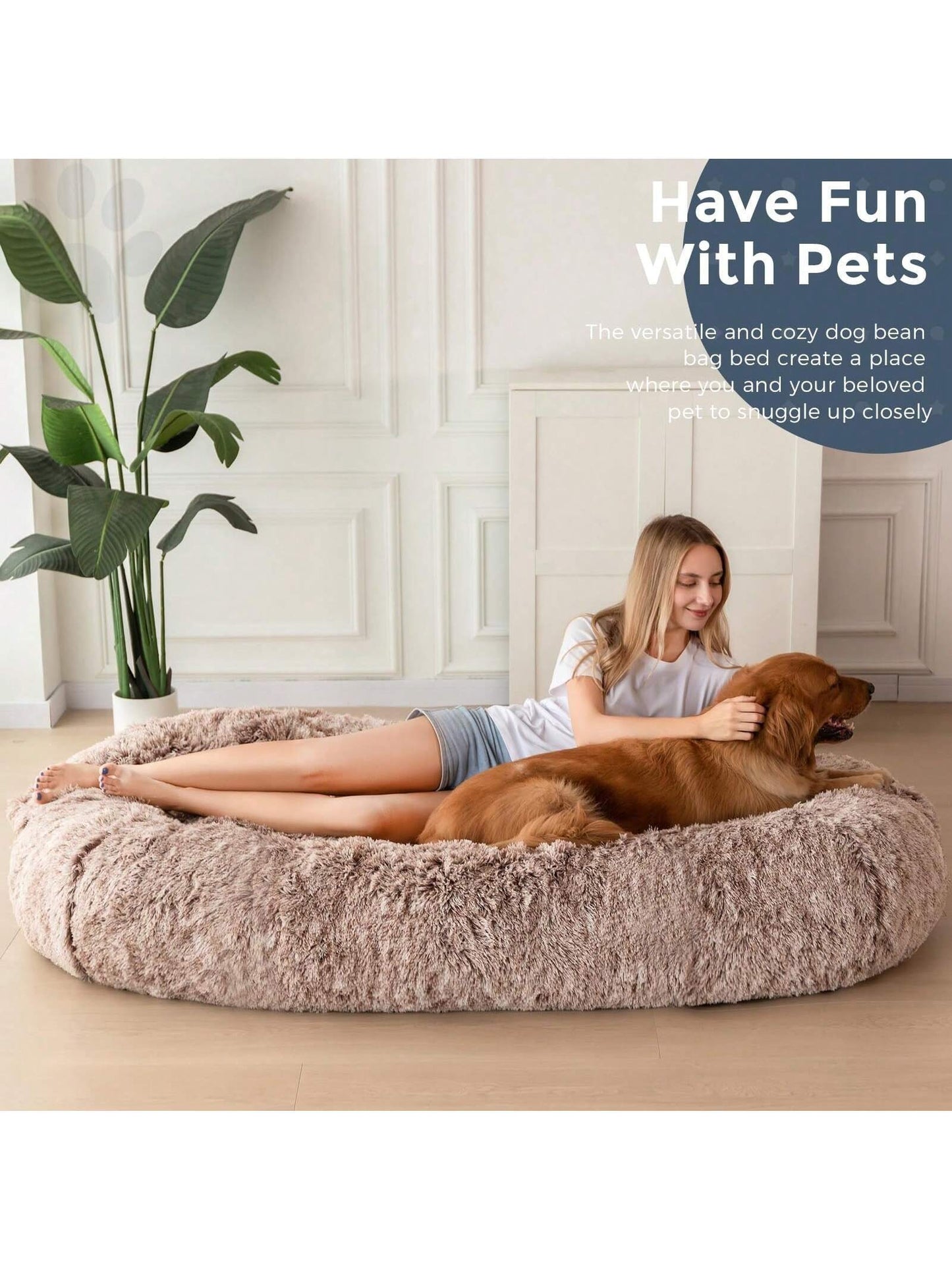 MAXYOYO Dog Bed for Human,Giant Bean Bag Sofa Bed for People Adults, Extra Large Size Dog Bed for Pets, Cozy Nap Bed with Handle, Removable Cover, Beige, 72.8"X45.3"X12"