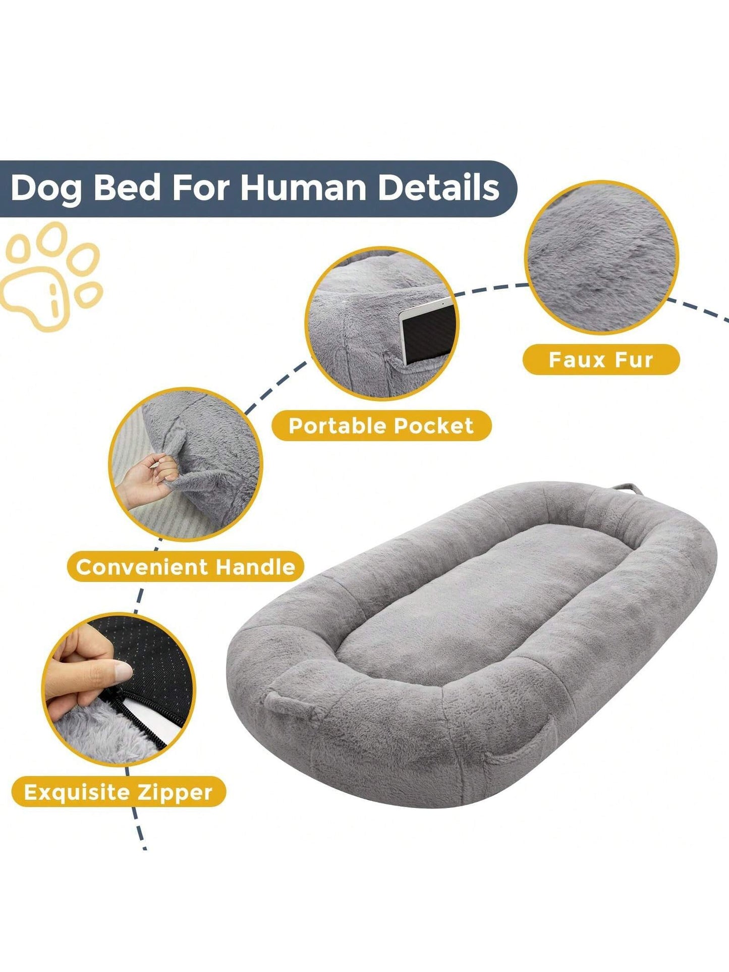 MAXYOYO Dog Bed for Human,Giant Bean Bag Sofa Bed for People Adults, Extra Large Size Dog Bed for Pets, Cozy Nap Bed with Handle, Removable Cover, Beige, 72.8"X45.3"X12"