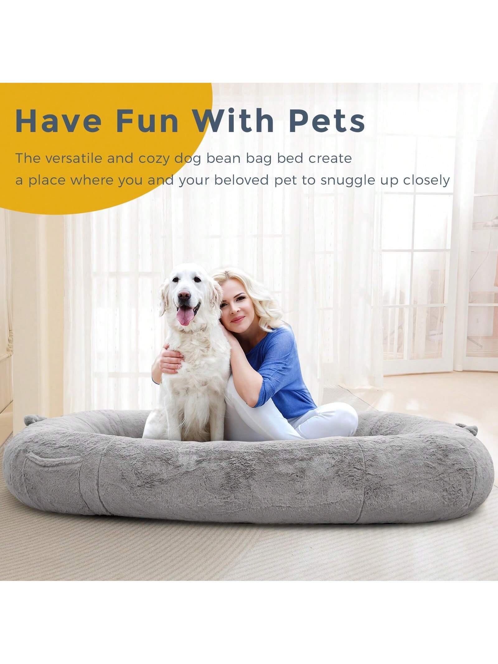 MAXYOYO Dog Bed for Human,Giant Bean Bag Sofa Bed for People Adults, Extra Large Size Dog Bed for Pets, Cozy Nap Bed with Handle, Removable Cover, Beige, 72.8"X45.3"X12"