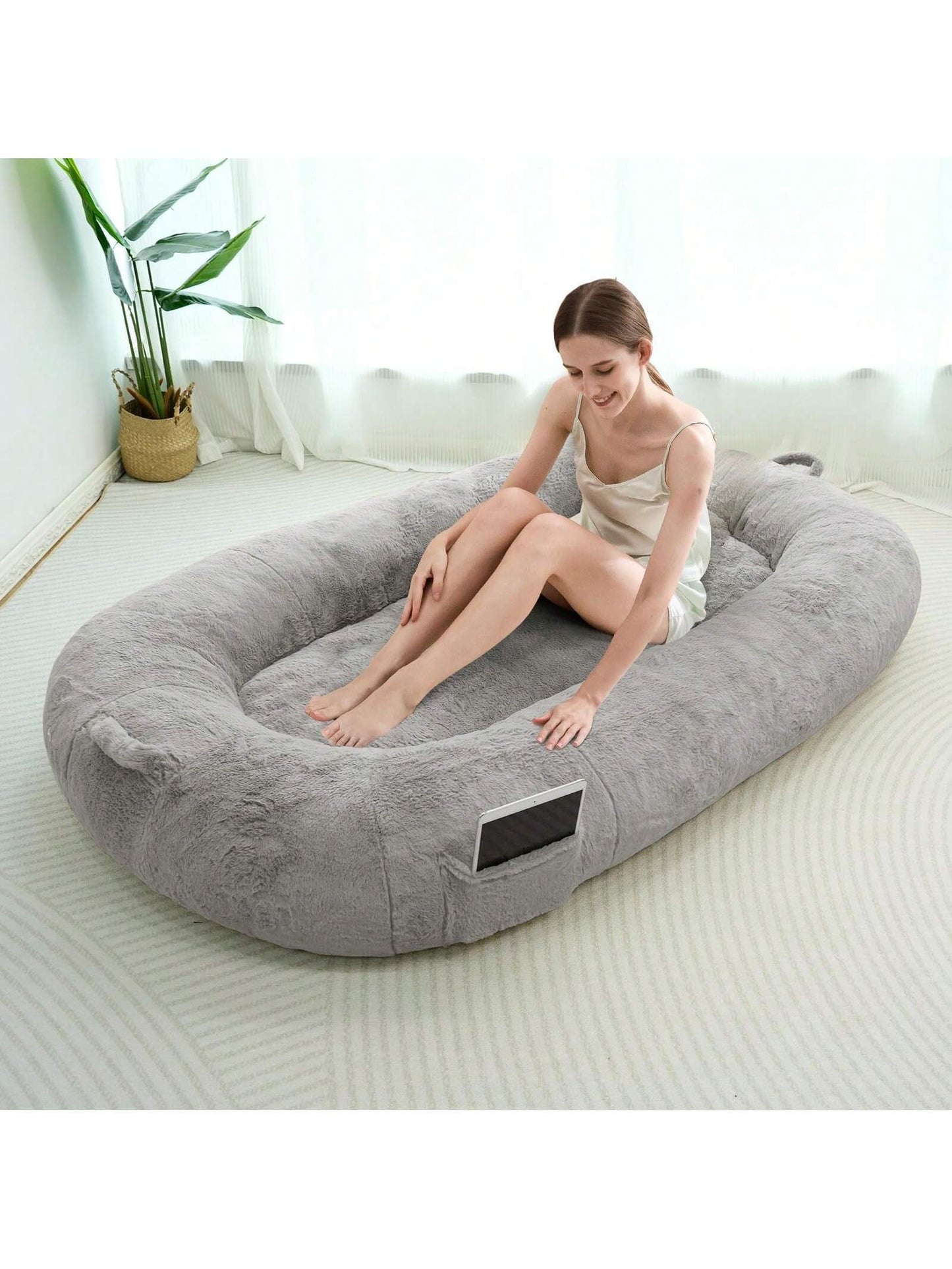 MAXYOYO Dog Bed for Human,Giant Bean Bag Sofa Bed for People Adults, Extra Large Size Dog Bed for Pets, Cozy Nap Bed with Handle, Removable Cover, Beige, 72.8"X45.3"X12"