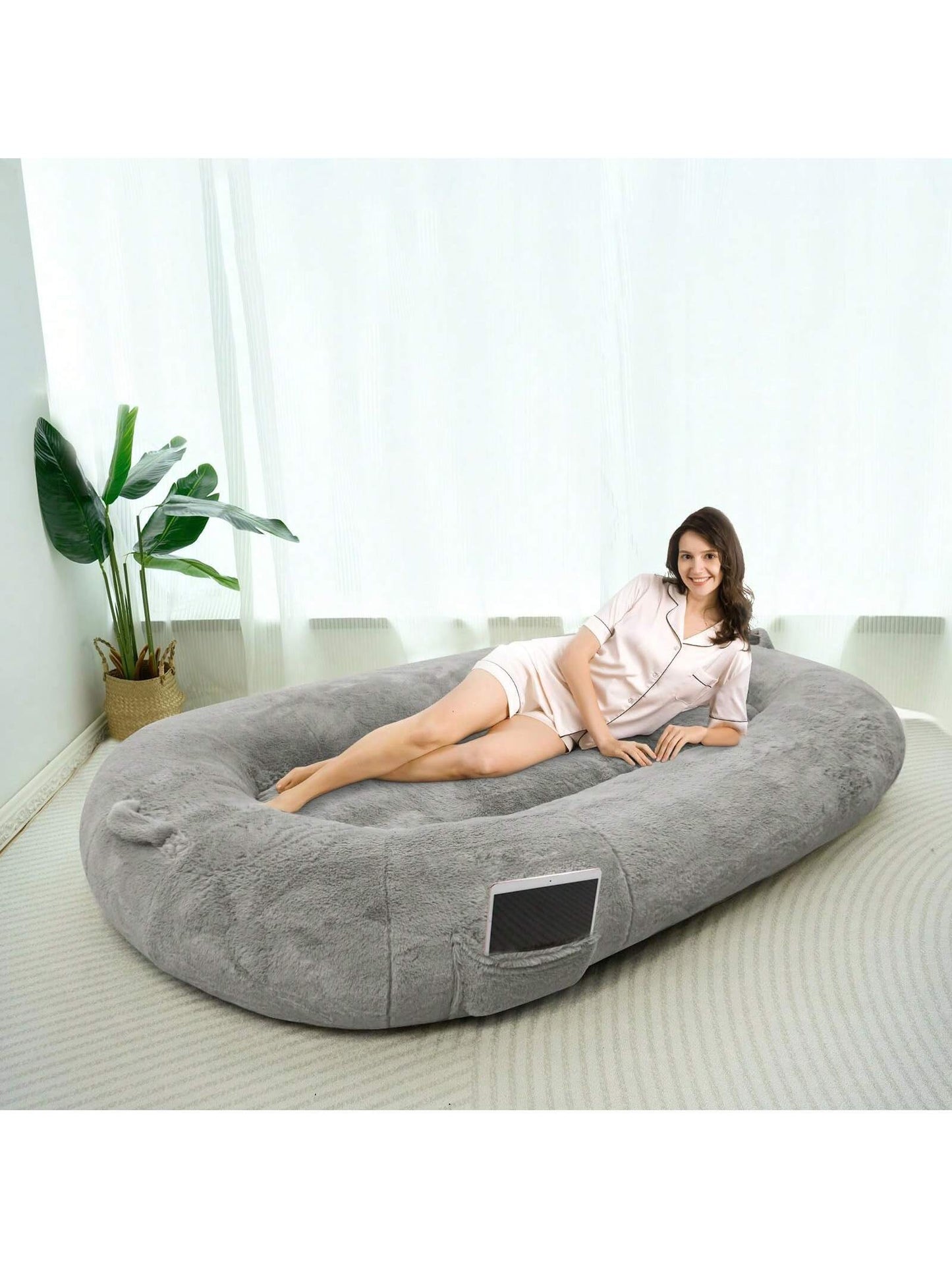 MAXYOYO Dog Bed for Human,Giant Bean Bag Sofa Bed for People Adults, Extra Large Size Dog Bed for Pets, Cozy Nap Bed with Handle, Removable Cover, Beige, 72.8"X45.3"X12"