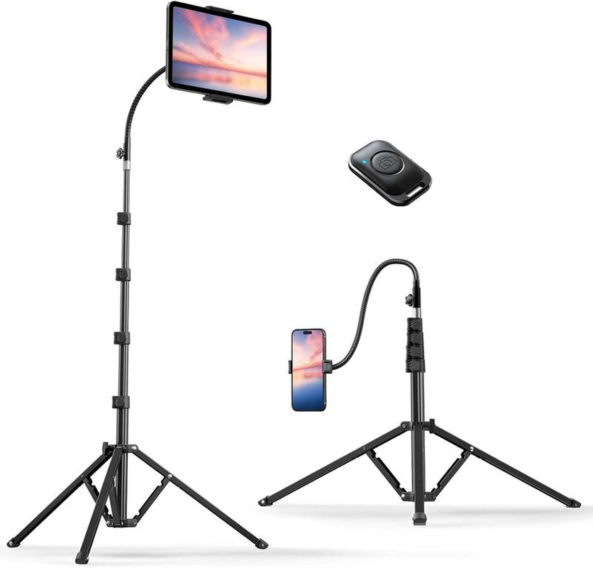 Weilisi 82" Tall Heavy Duty Phone Stand for Recording, Tablet Stand Holder with 15" Adjustable Gooseneck, Overhead Selfie Tripod for Iphone/Ipad/Android for Recording/Live Streaming/Watching/Cooking